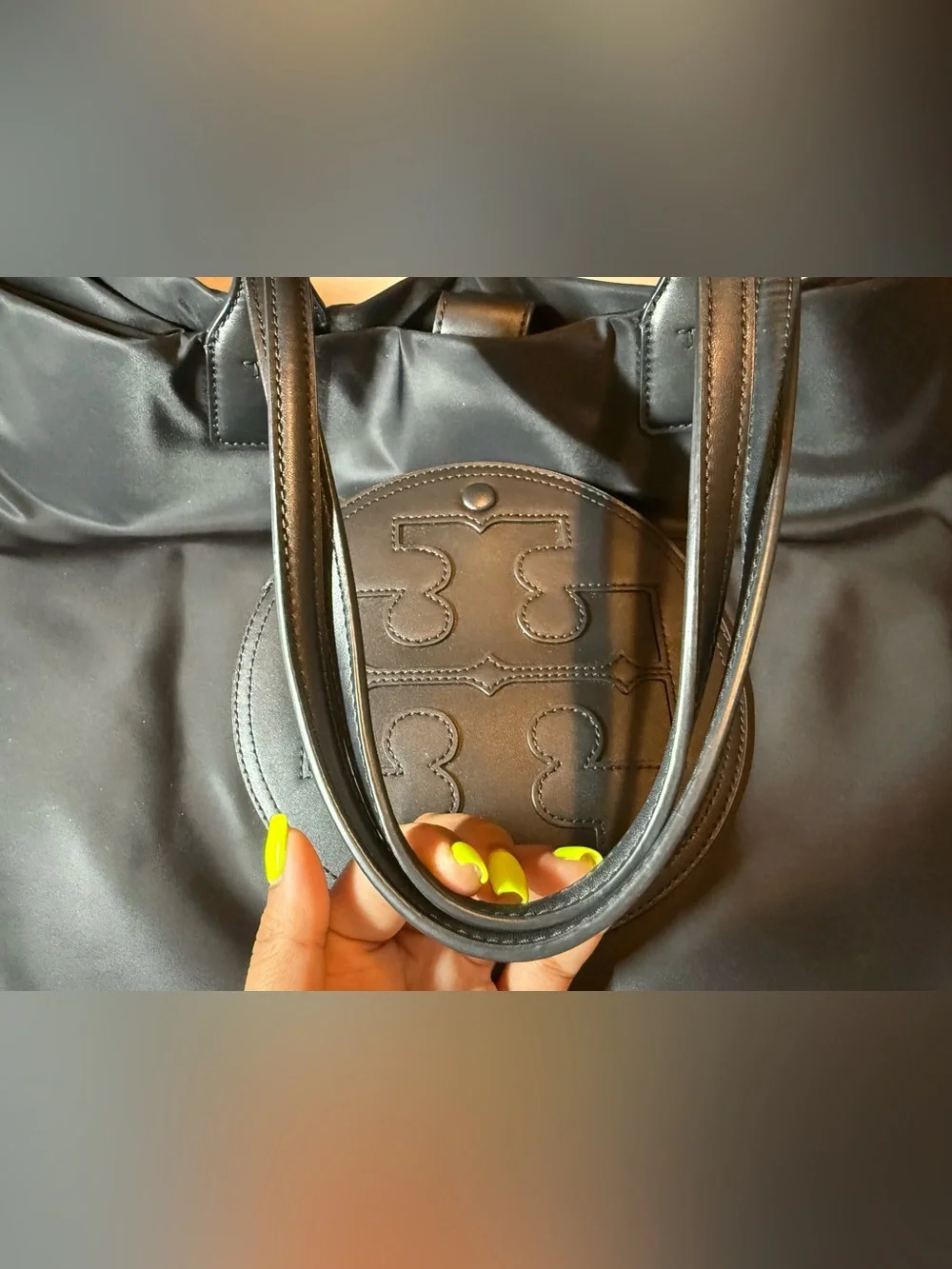 Tory Burch Ella Large Nylon Tote Black Leather Trim Work Travel Bag